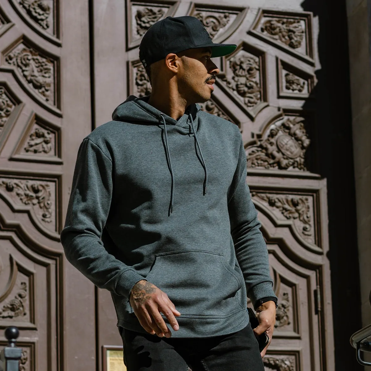 021 ESSENTIAL DROP CUT HOODIE - DARK HEATHER
