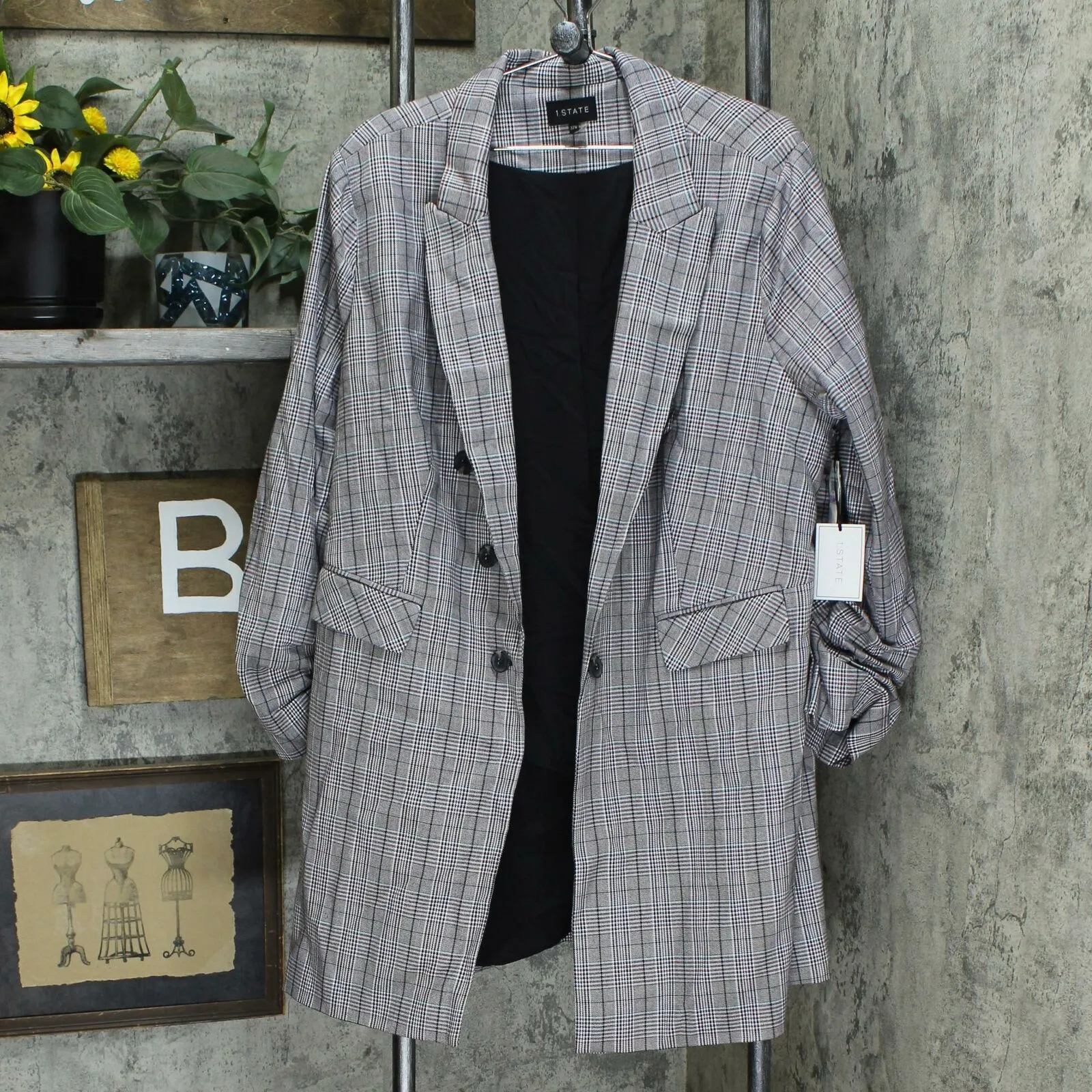 1.STATE Plus Size Ruched Sleeve Longer Length Open Topper Jacket
