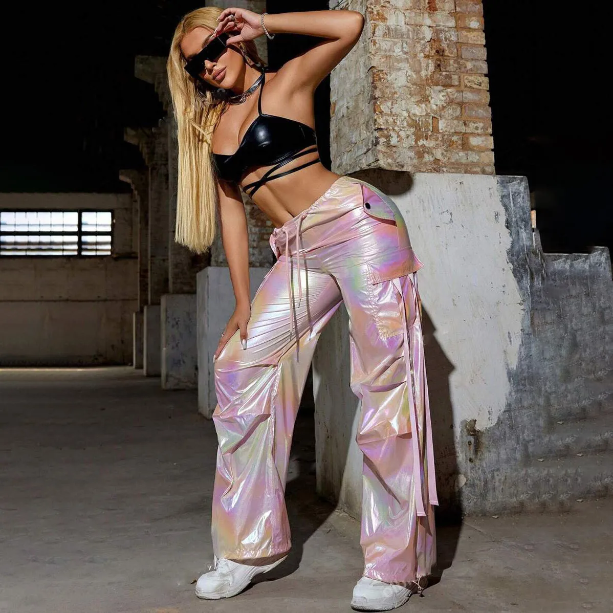 2025 2025n Personality High Street Premium Sense Spice Girl Wide Leg Drawstring Tie Feet Shiny Laser Overalls Versatile Fashion Women's Pants