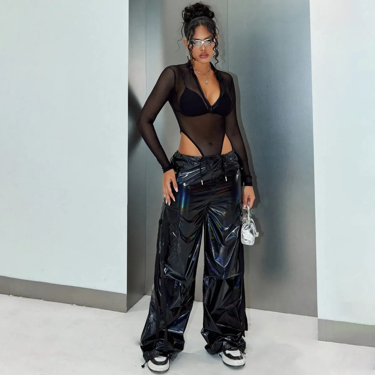2025 2025n Personality High Street Premium Sense Spice Girl Wide Leg Drawstring Tie Feet Shiny Laser Overalls Versatile Fashion Women's Pants