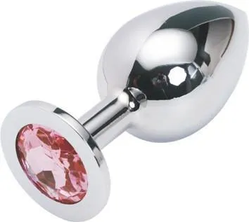 2310HS-SIS      Chromed Steel Crystal Sissy Damsel Anal Plug, Large Plug, Fuchsia Crystal