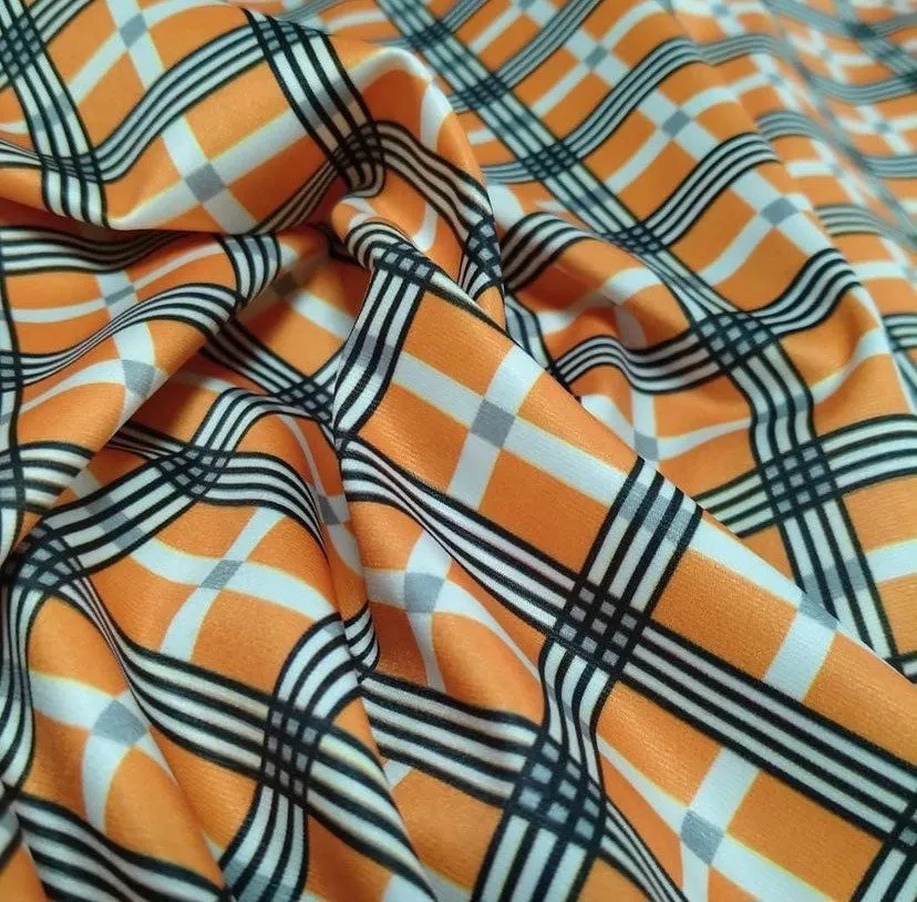 4-Way Stretch Plaid Fabric by the Yard - Black White Green Orange