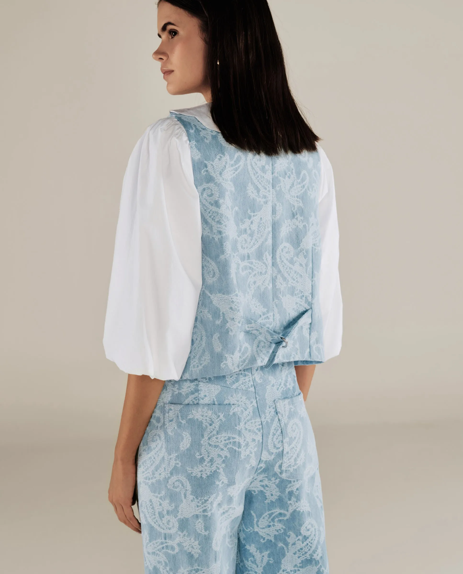 AARYA | Pale Denim Blue Paisley Cotton Waistcoat