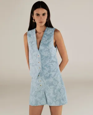AARYA | Pale Denim Blue Paisley Cotton Waistcoat