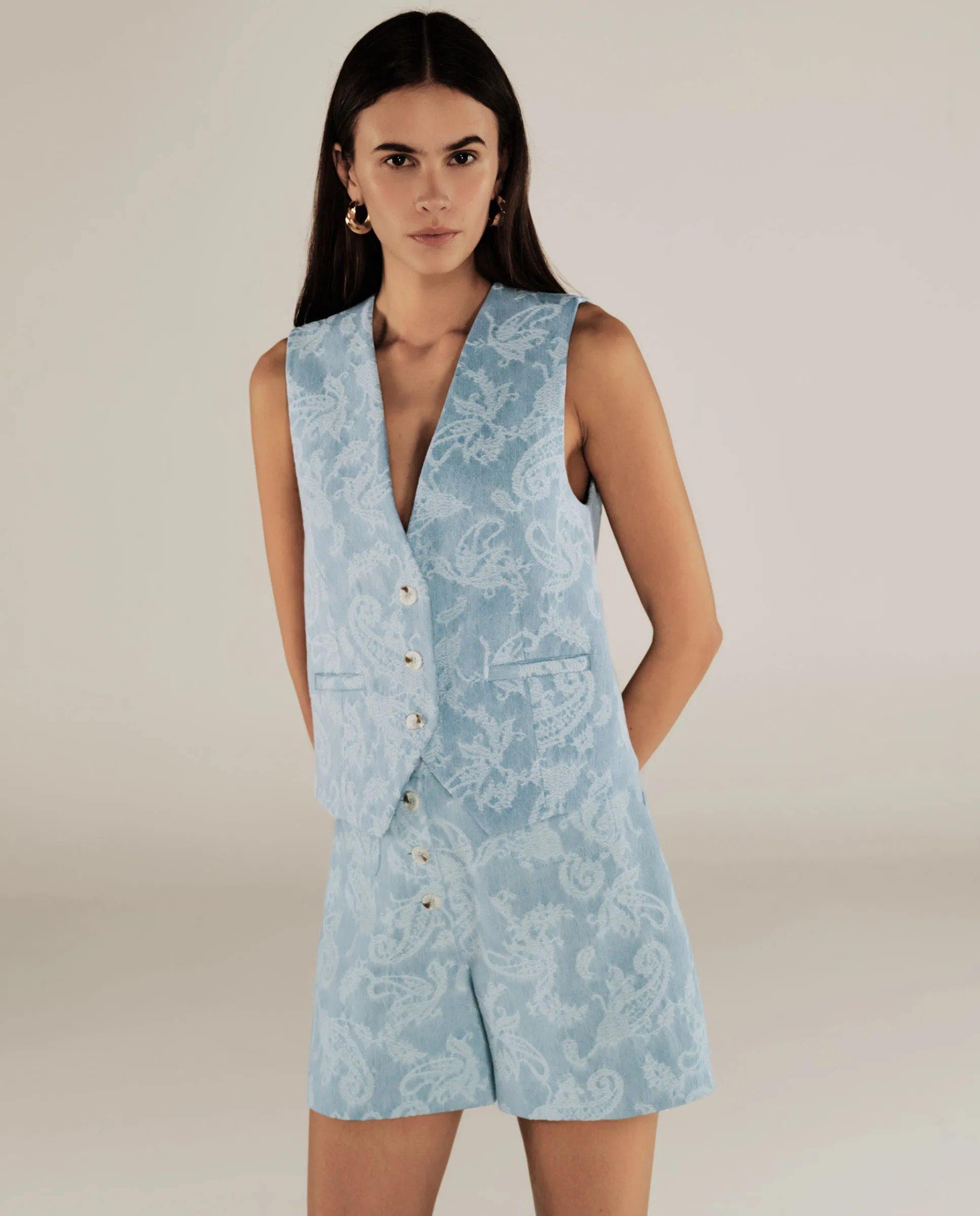 AARYA | Pale Denim Blue Paisley Cotton Waistcoat