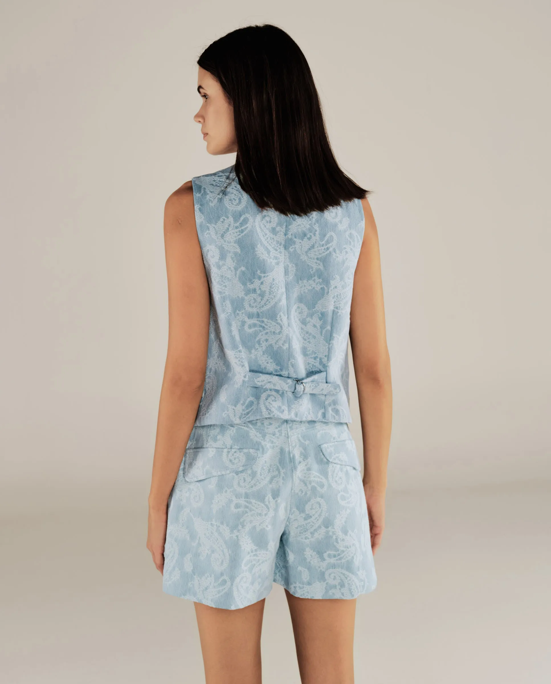 AARYA | Pale Denim Blue Paisley Cotton Waistcoat