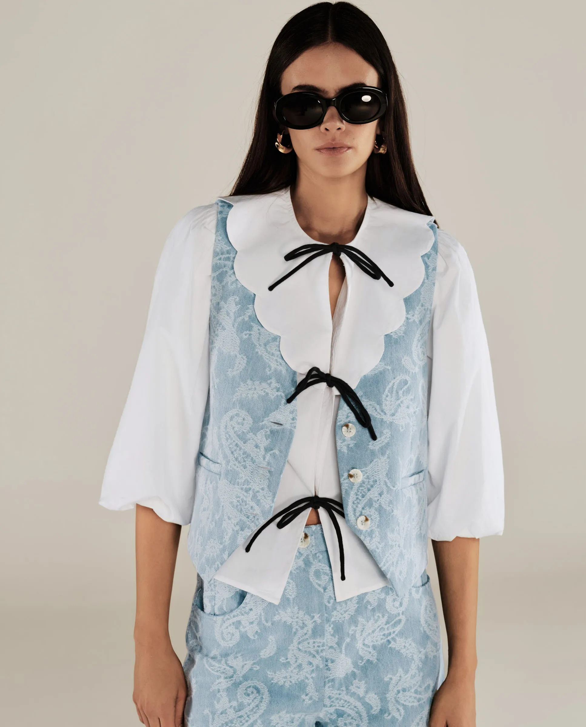 AARYA | Pale Denim Blue Paisley Cotton Waistcoat