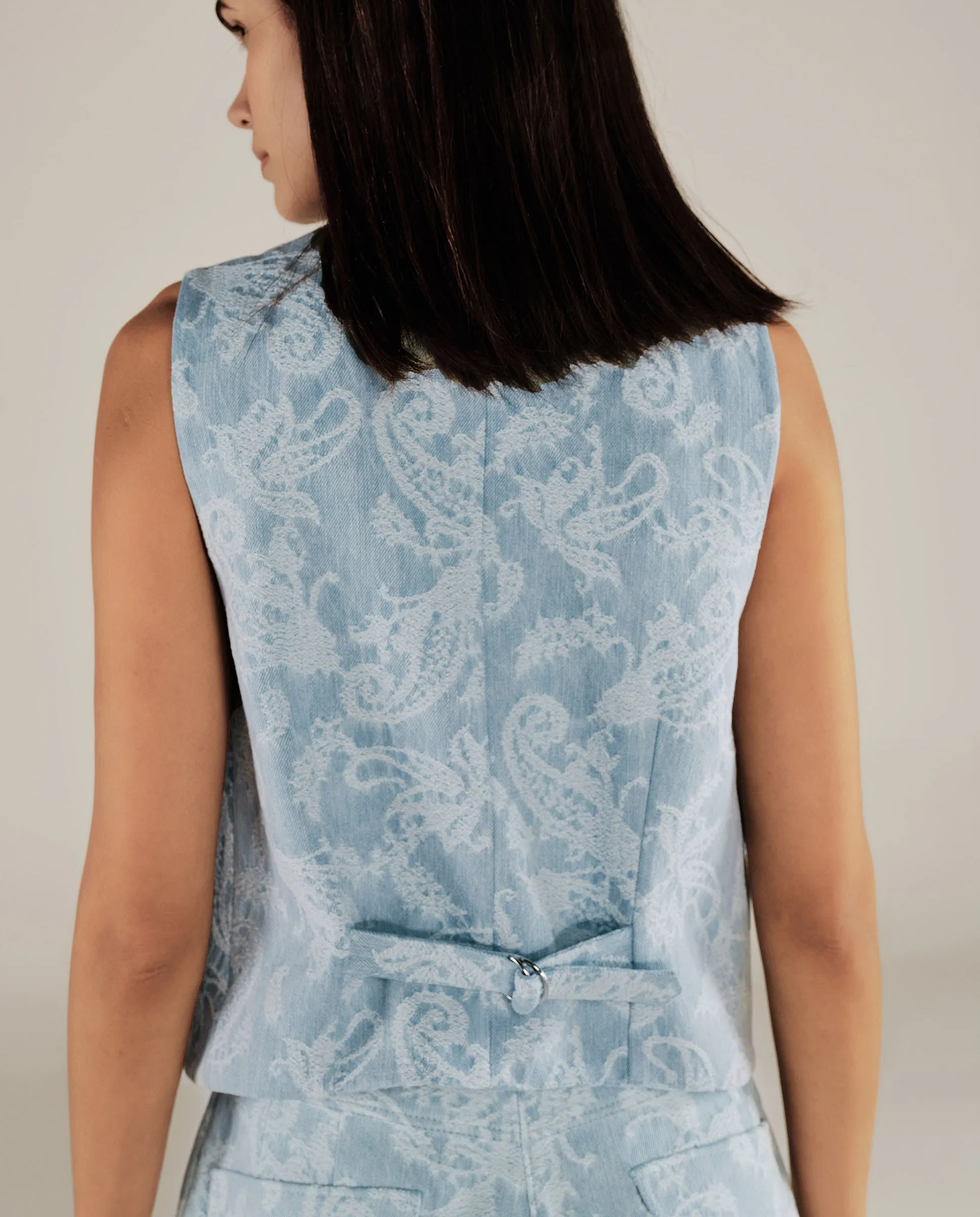 AARYA | Pale Denim Blue Paisley Cotton Waistcoat
