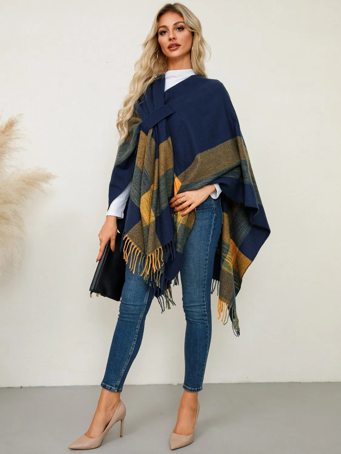 Adley Fringe Contrast Plaid Poncho