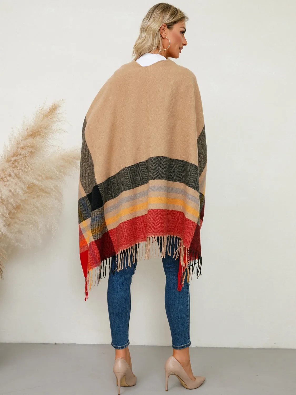 Adley Fringe Contrast Plaid Poncho