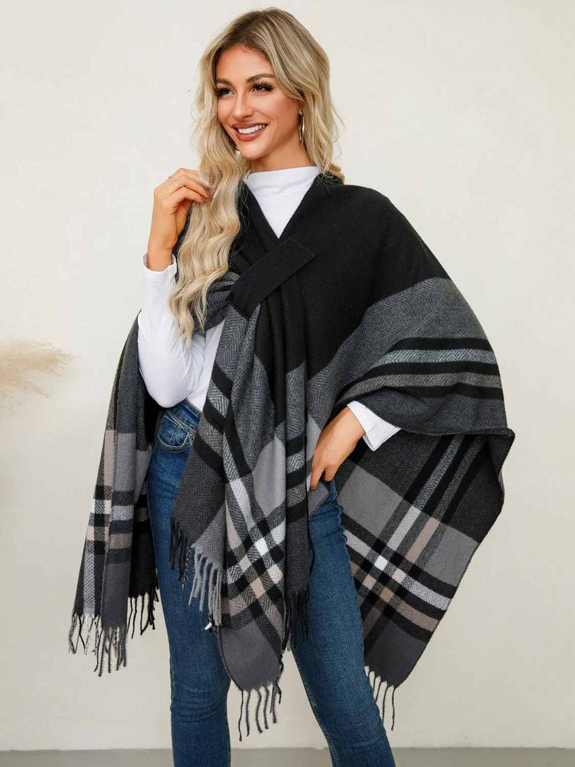 Adley Fringe Contrast Plaid Poncho