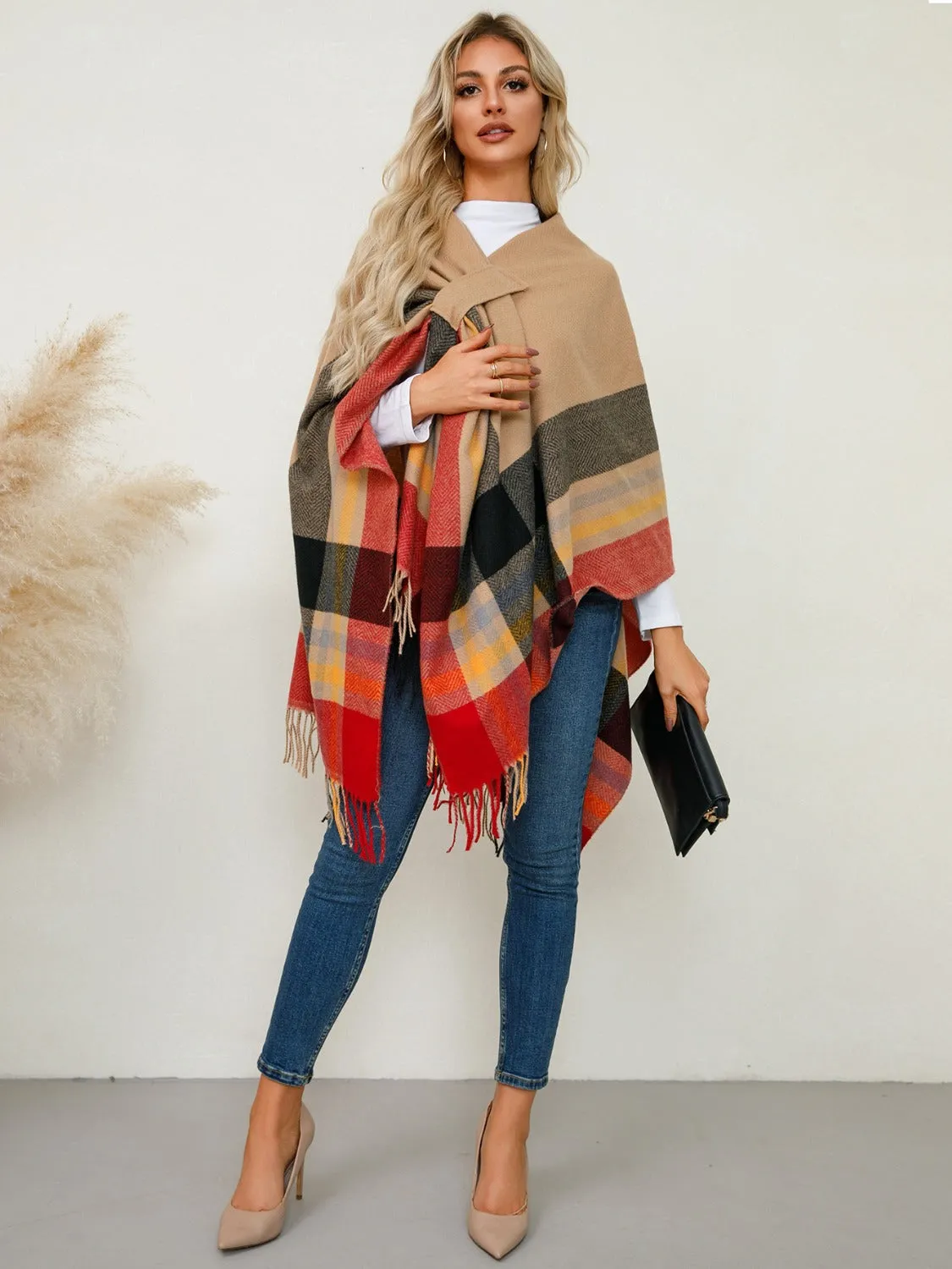 Adley Fringe Contrast Plaid Poncho