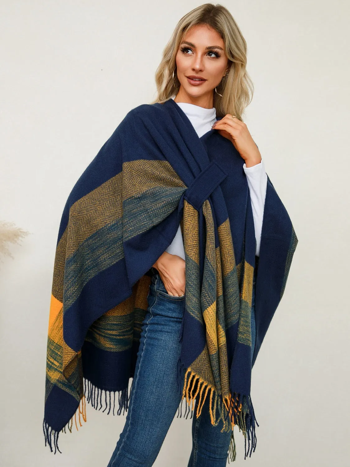 Adley Fringe Contrast Plaid Poncho