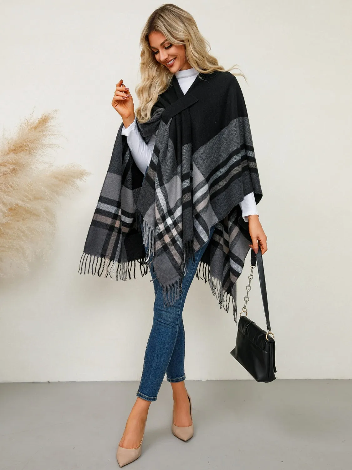 Adley Fringe Contrast Plaid Poncho