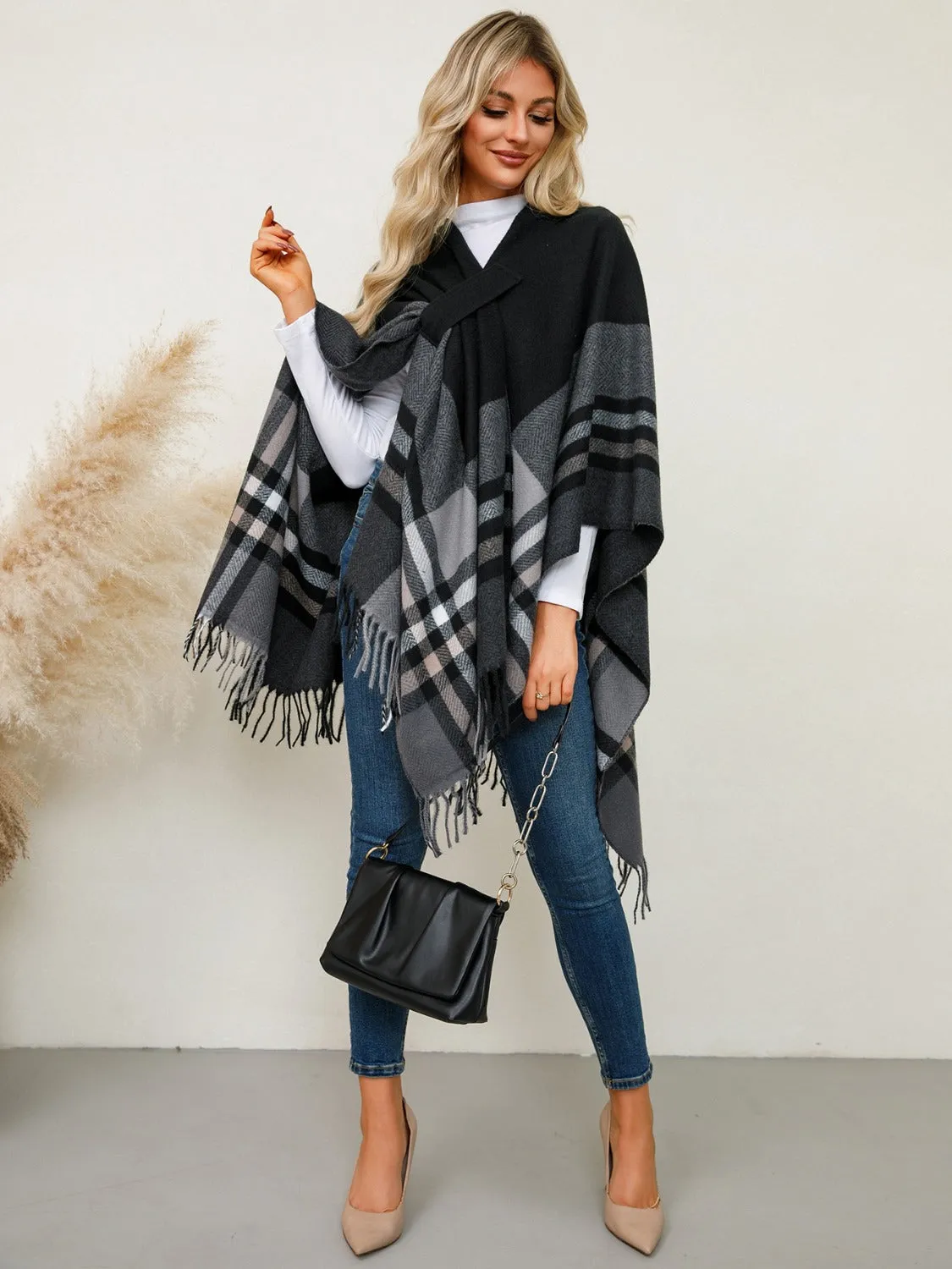 Adley Fringe Contrast Plaid Poncho