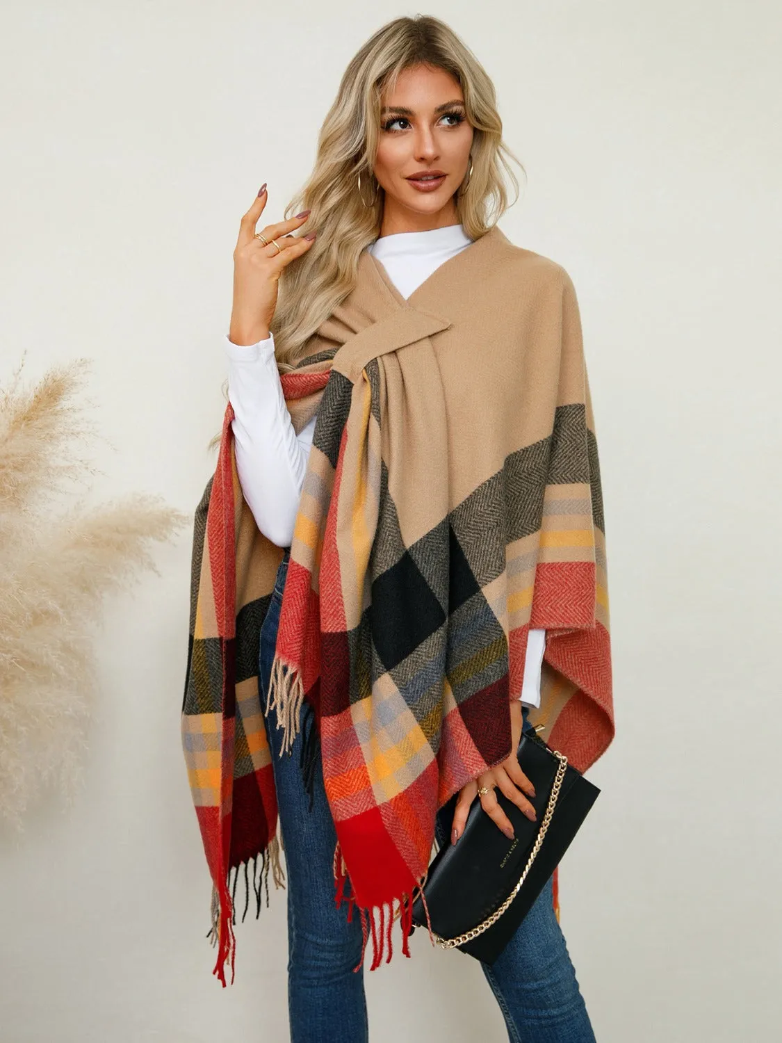 Adley Fringe Contrast Plaid Poncho