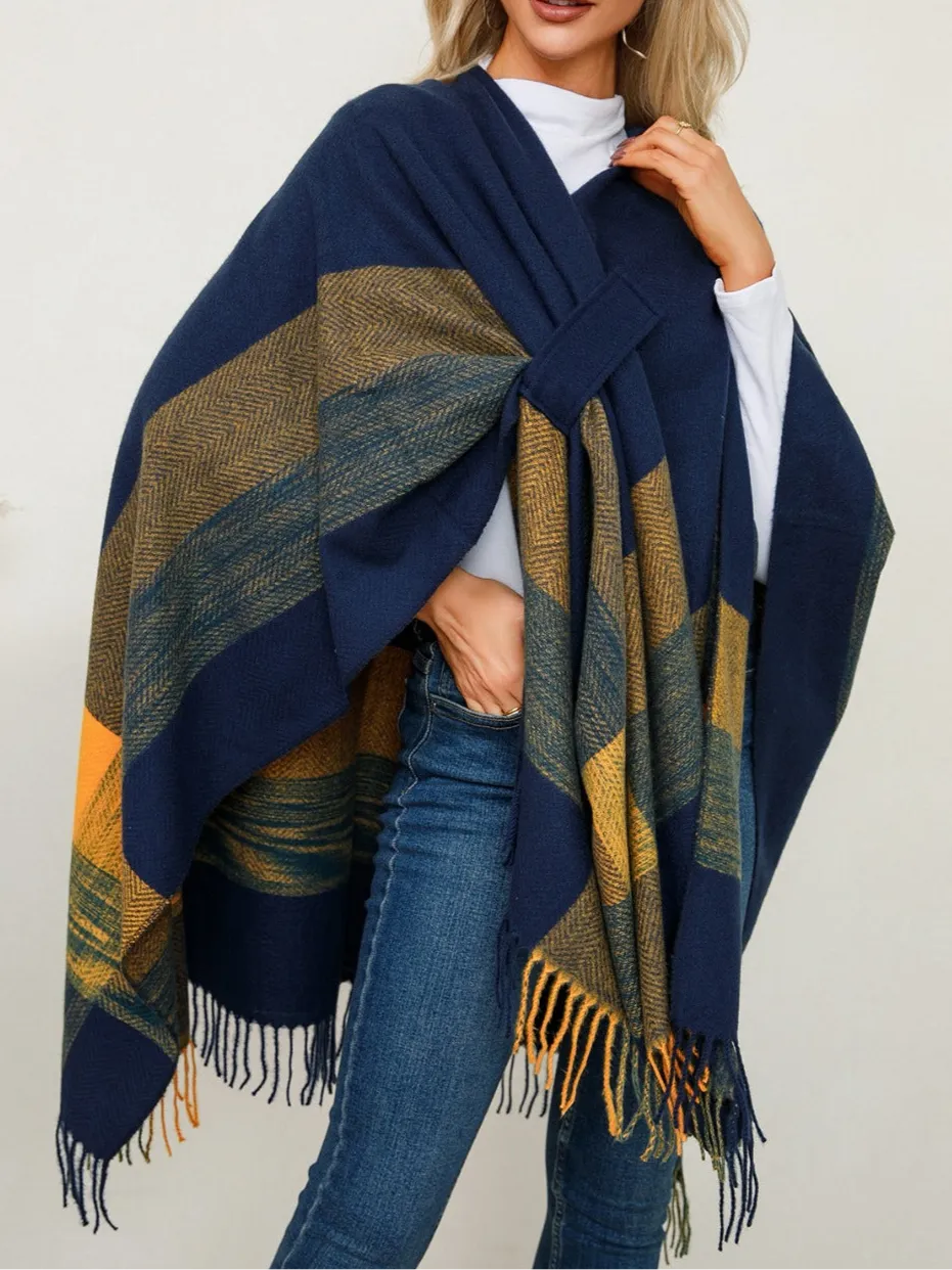 Adley Fringe Contrast Plaid Poncho