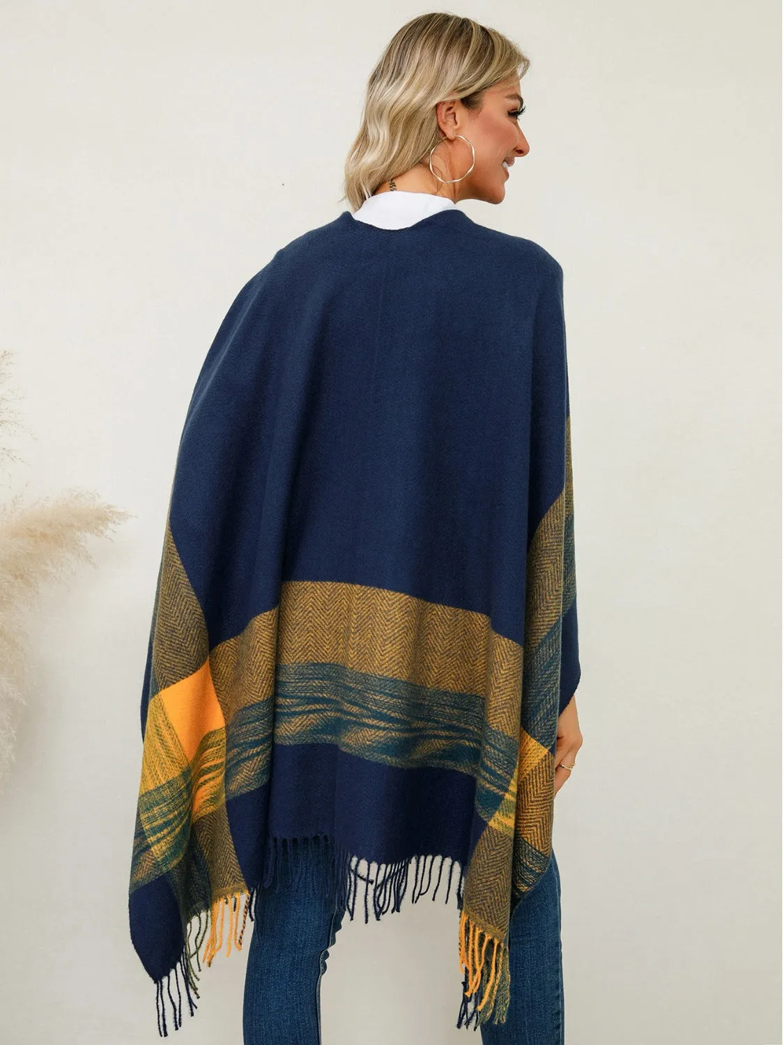 Adley Fringe Contrast Plaid Poncho