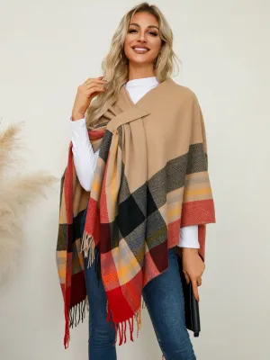 Adley Fringe Contrast Plaid Poncho