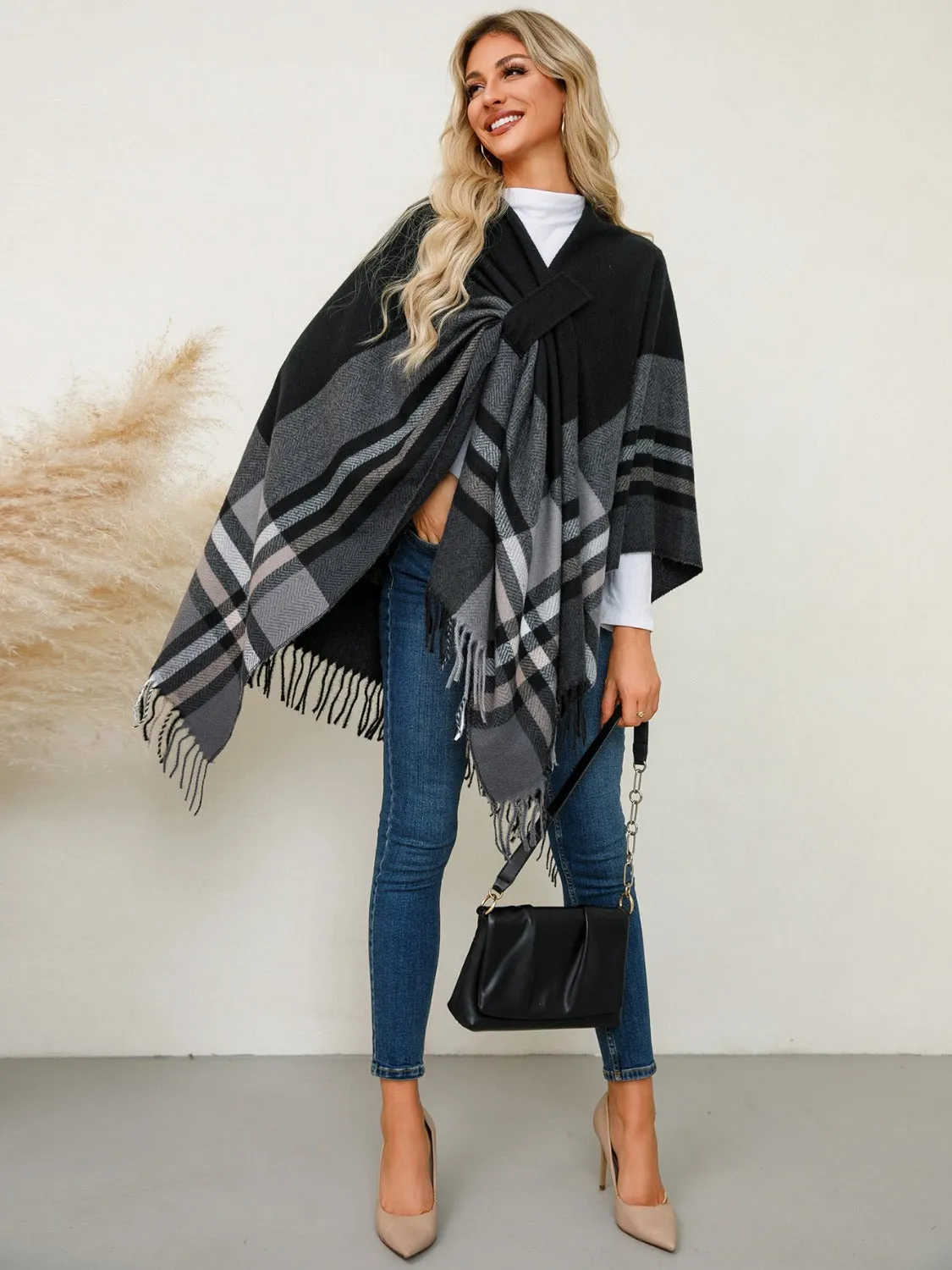Adley Fringe Contrast Plaid Poncho