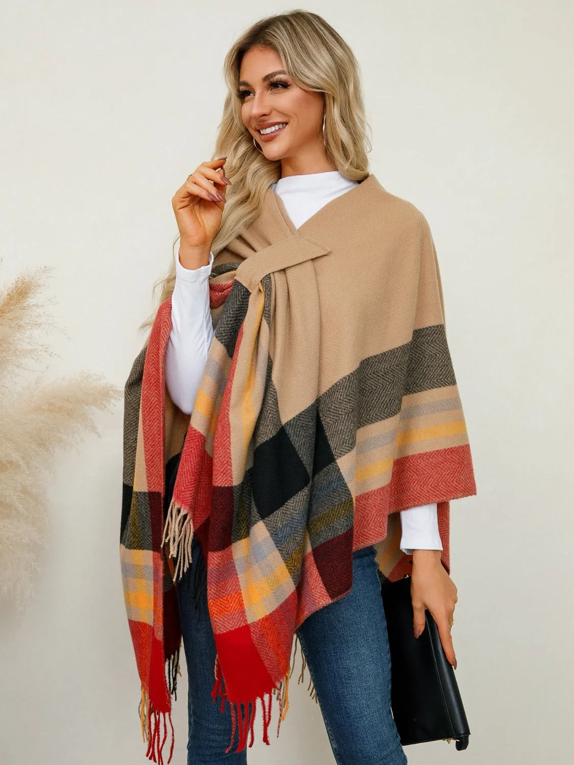 Adley Fringe Contrast Plaid Poncho