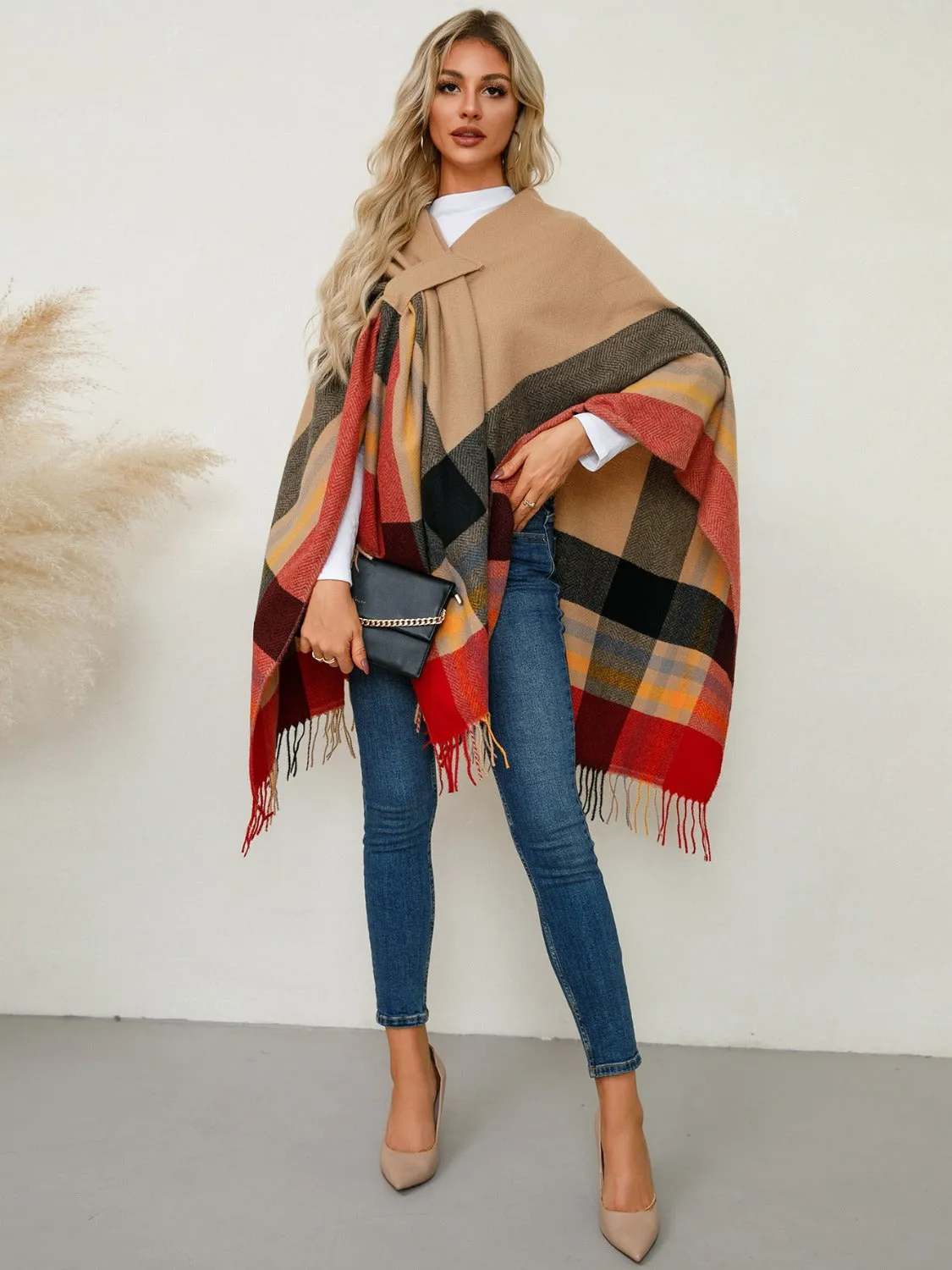 Adley Fringe Contrast Plaid Poncho
