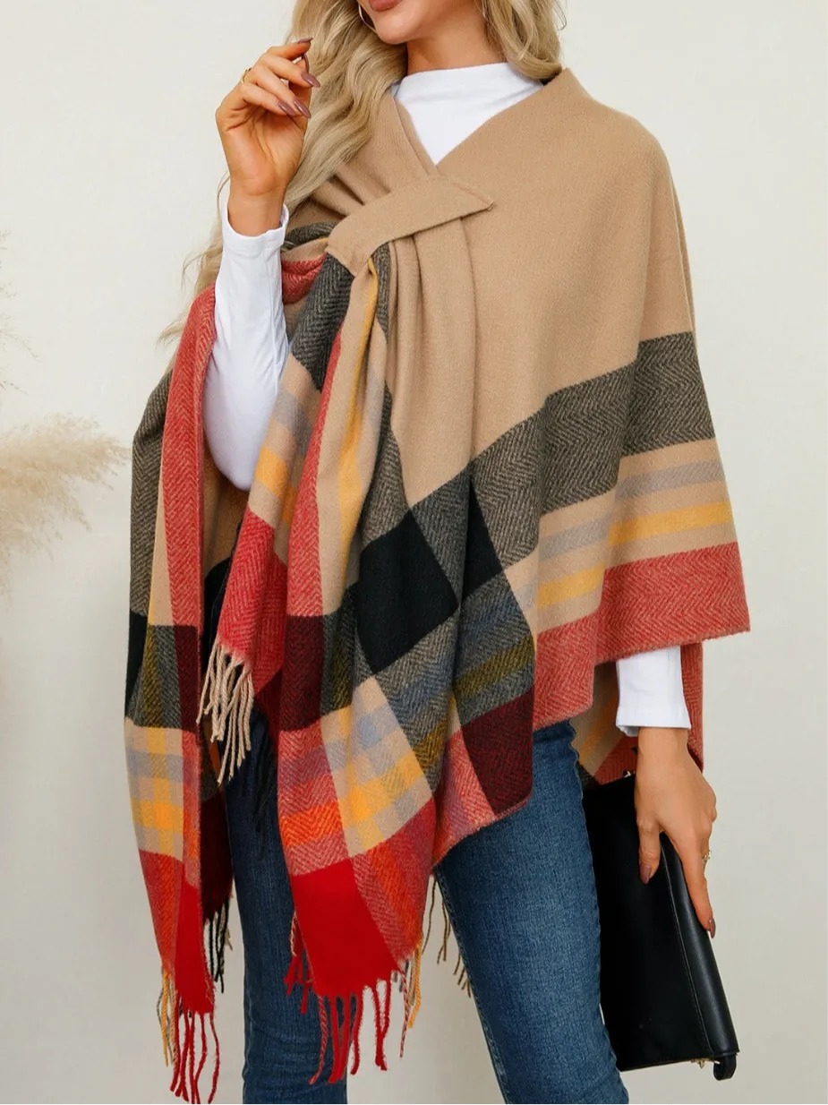 Adley Fringe Contrast Plaid Poncho