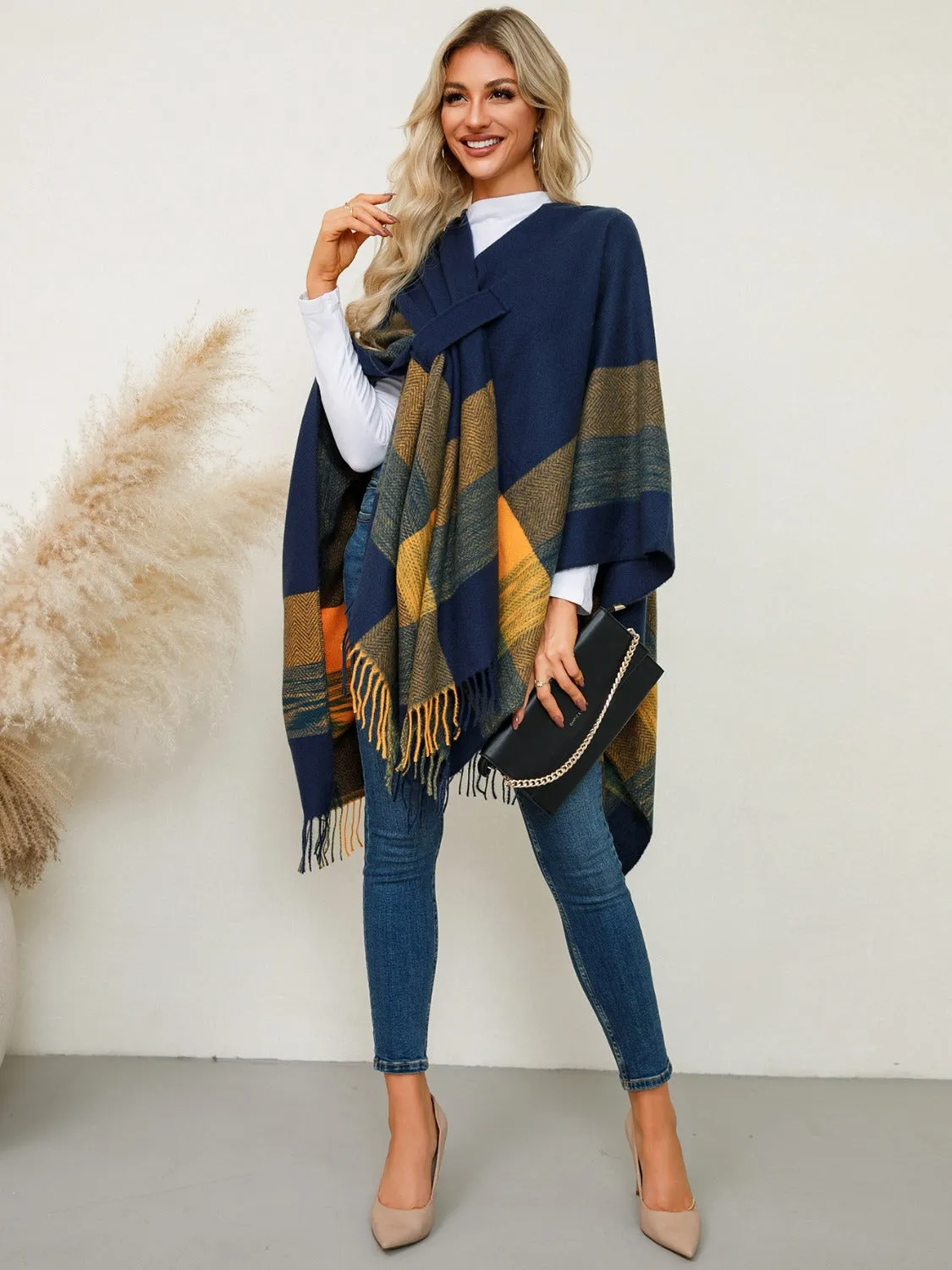 Adley Fringe Contrast Plaid Poncho