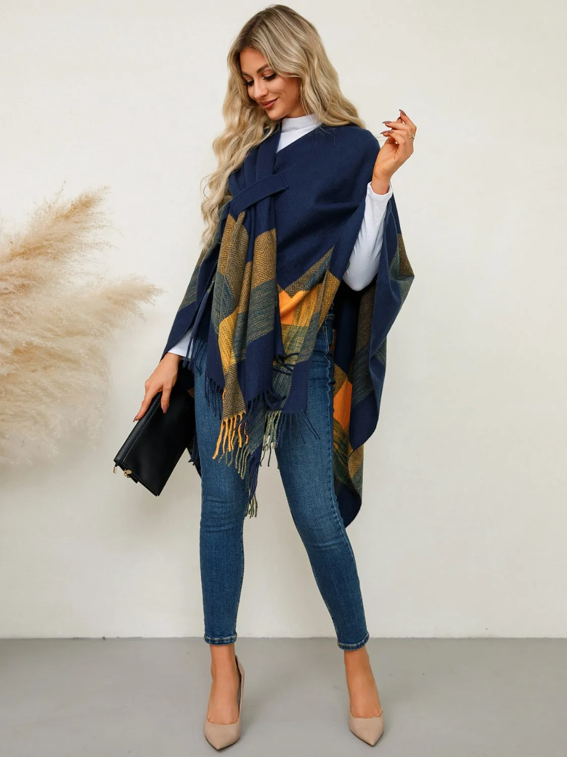 Adley Fringe Contrast Plaid Poncho
