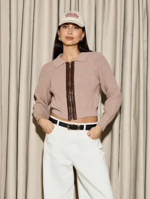 AiiRZ Knit Cardigan PU Panel Zip Up