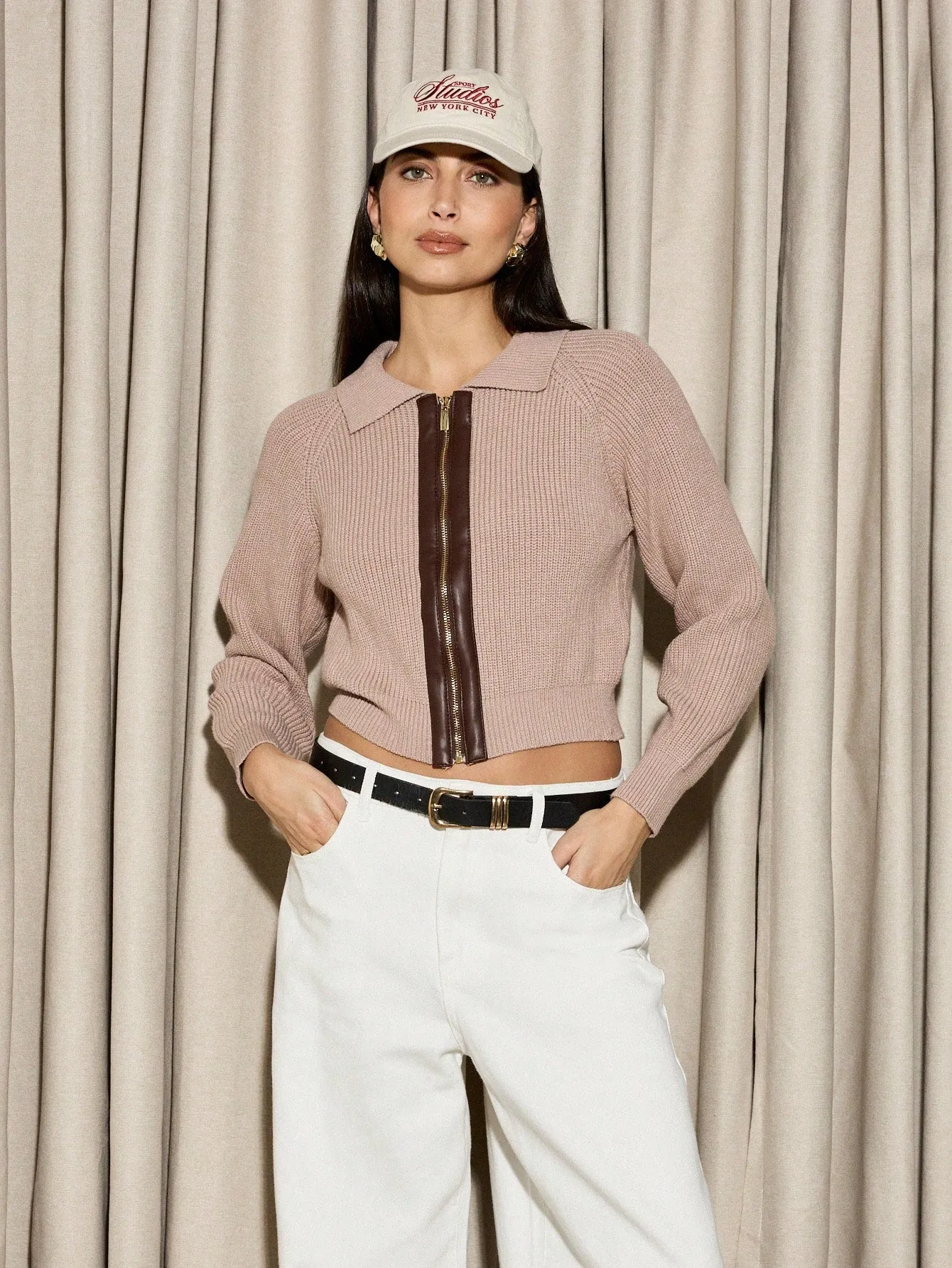 AiiRZ Knit Cardigan PU Panel Zip Up
