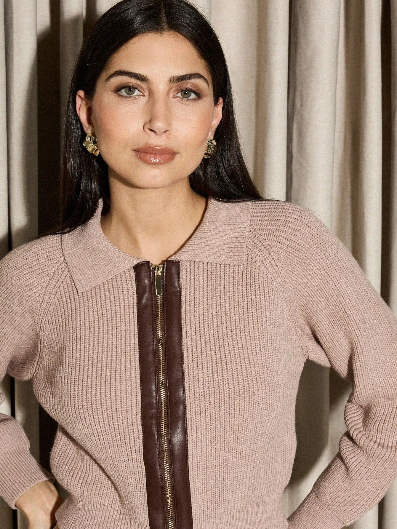 AiiRZ Knit Cardigan PU Panel Zip Up