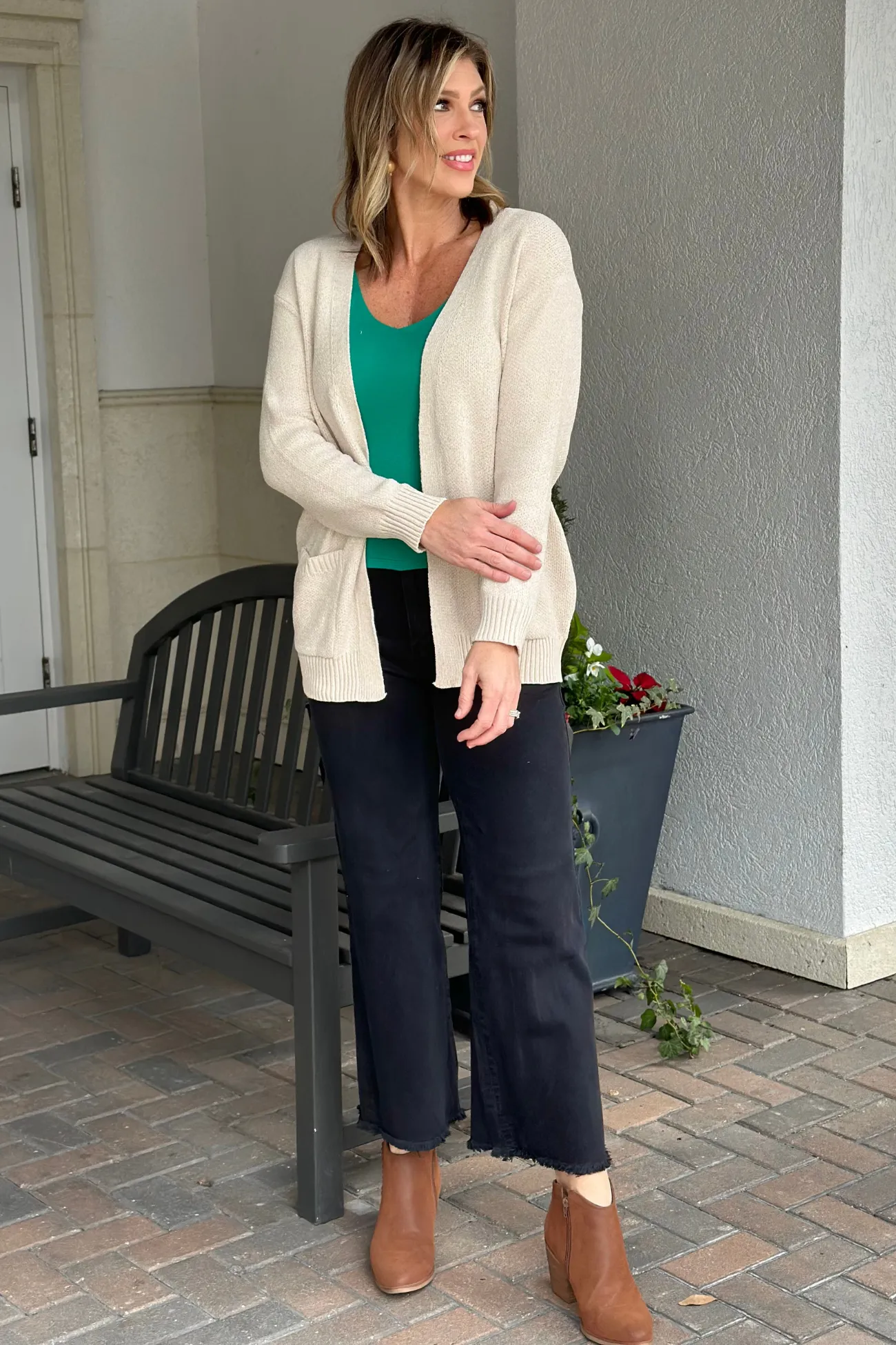 Alexia Pocketed Open Front Sweater Cardigan-Sand Beige