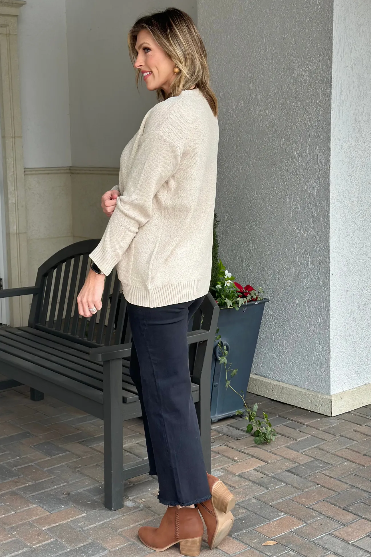 Alexia Pocketed Open Front Sweater Cardigan-Sand Beige
