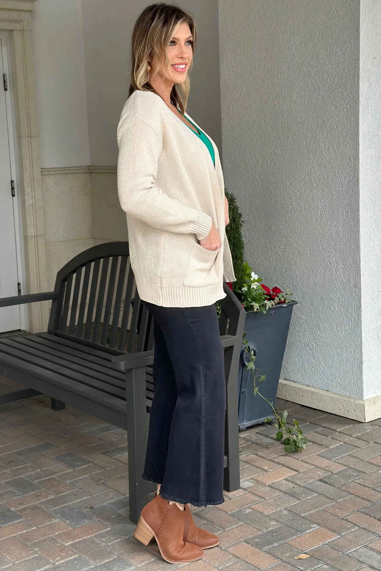 Alexia Pocketed Open Front Sweater Cardigan-Sand Beige