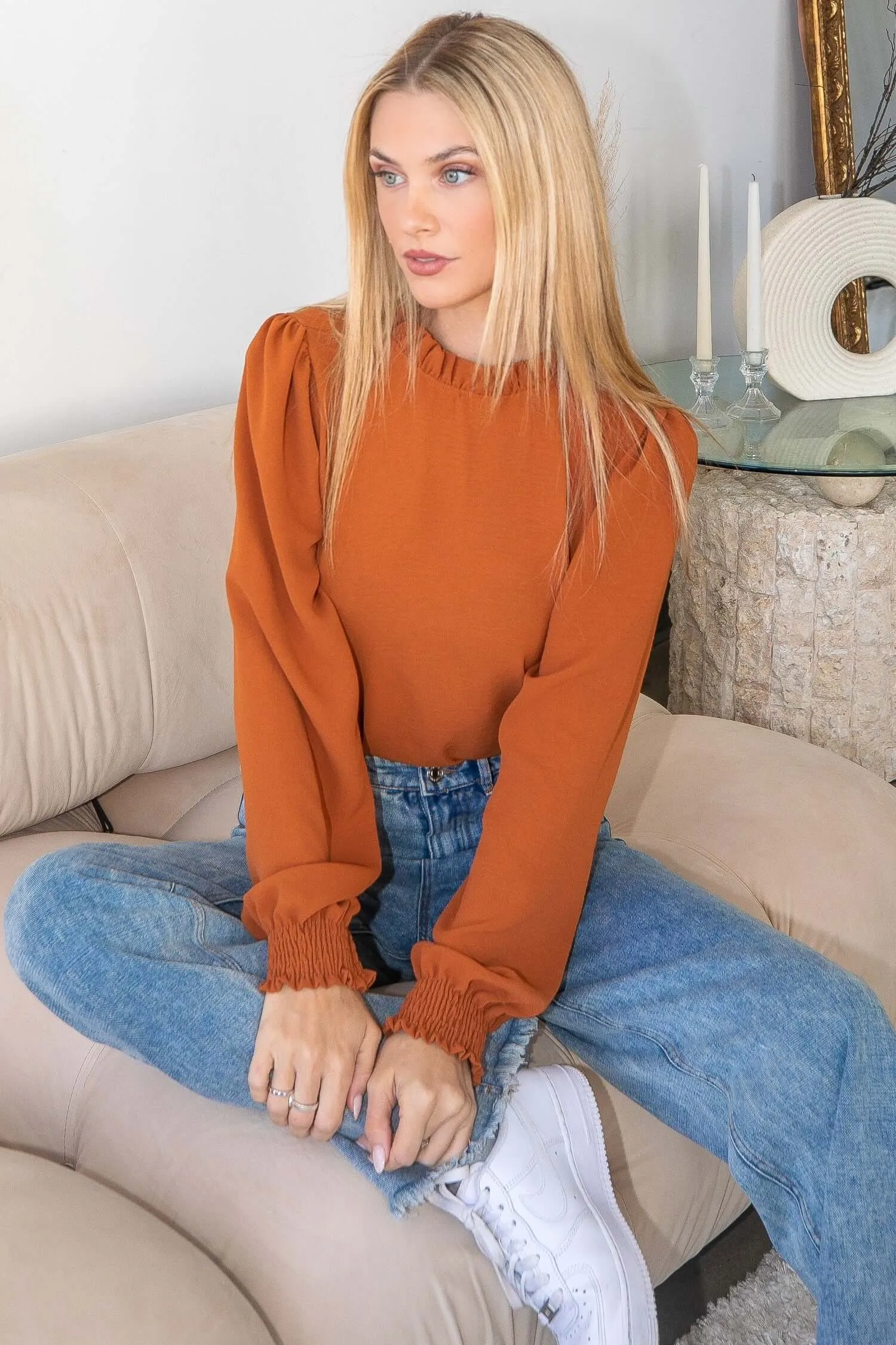 All This Time Ruffle Neck Blouse in Copper