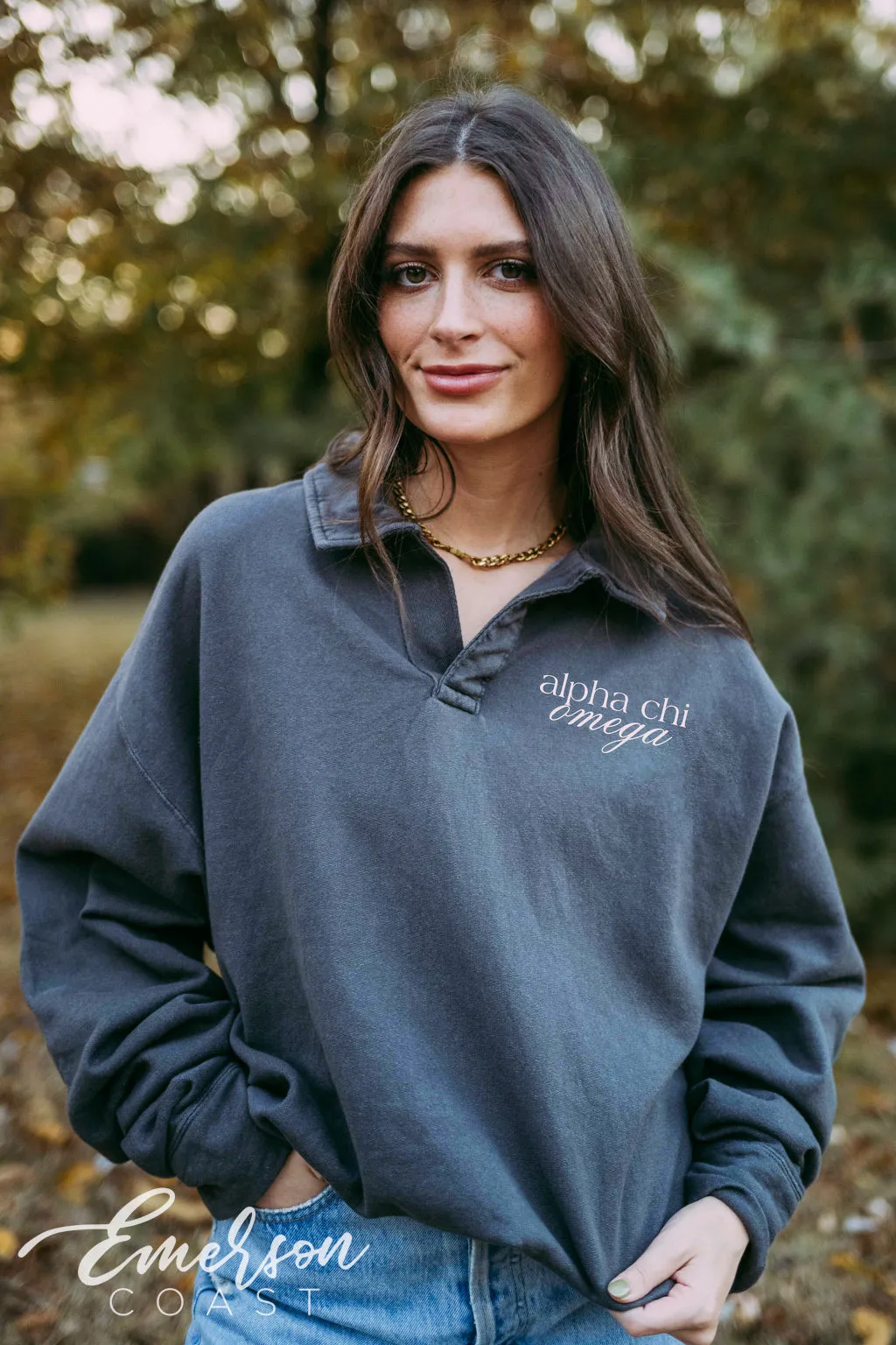 Alpha Chi Simple Script Oversized Collared Crew