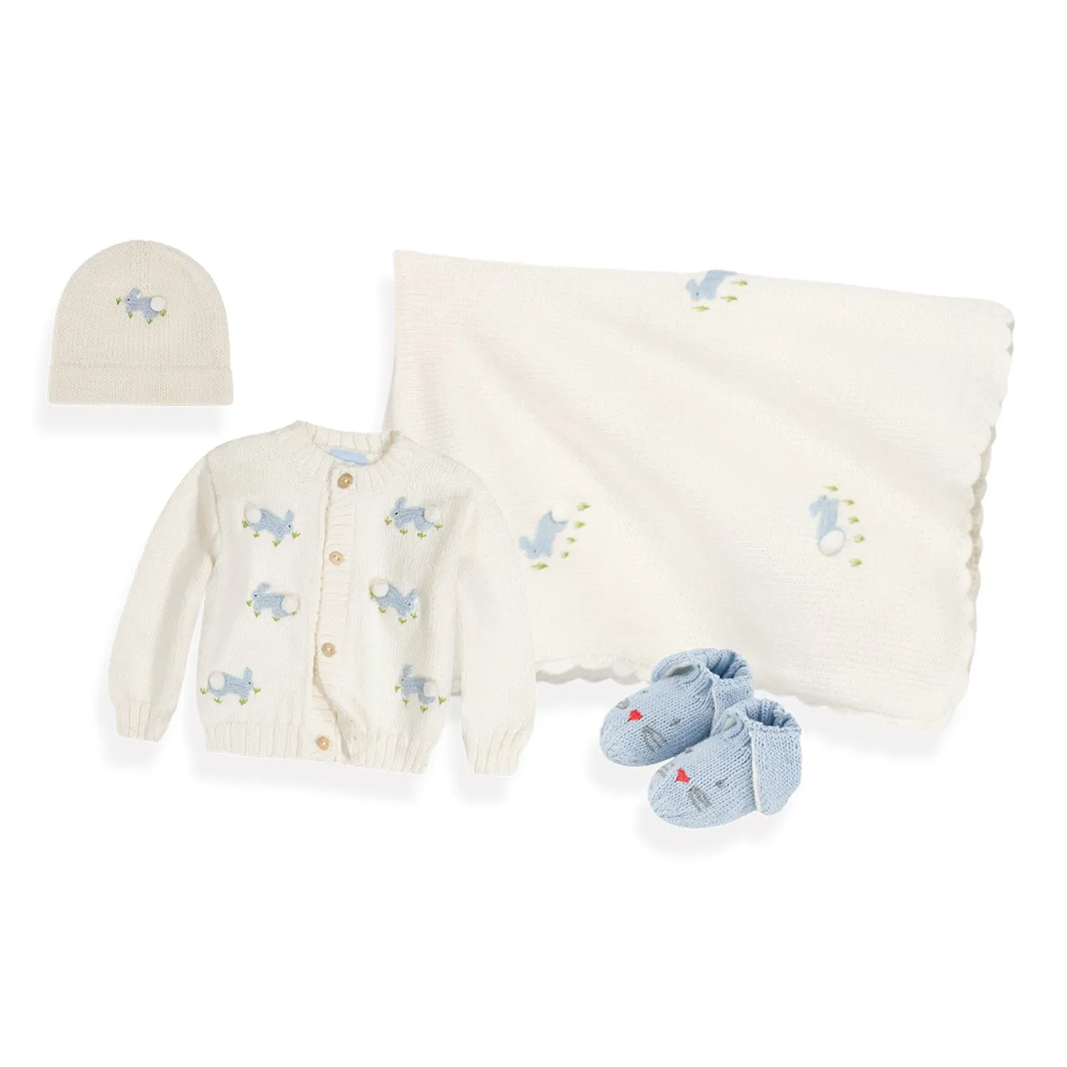 Applique Bunny Cardigan -- Ivory w/ Sky Blue Bunnies