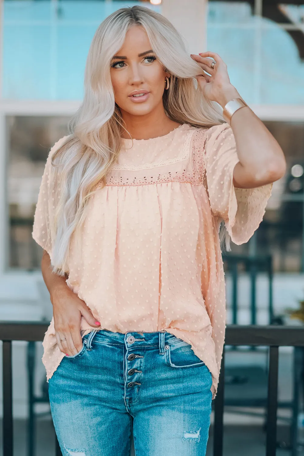 Apricot Flutter Sleeves Sheer Textured Babydoll Top
