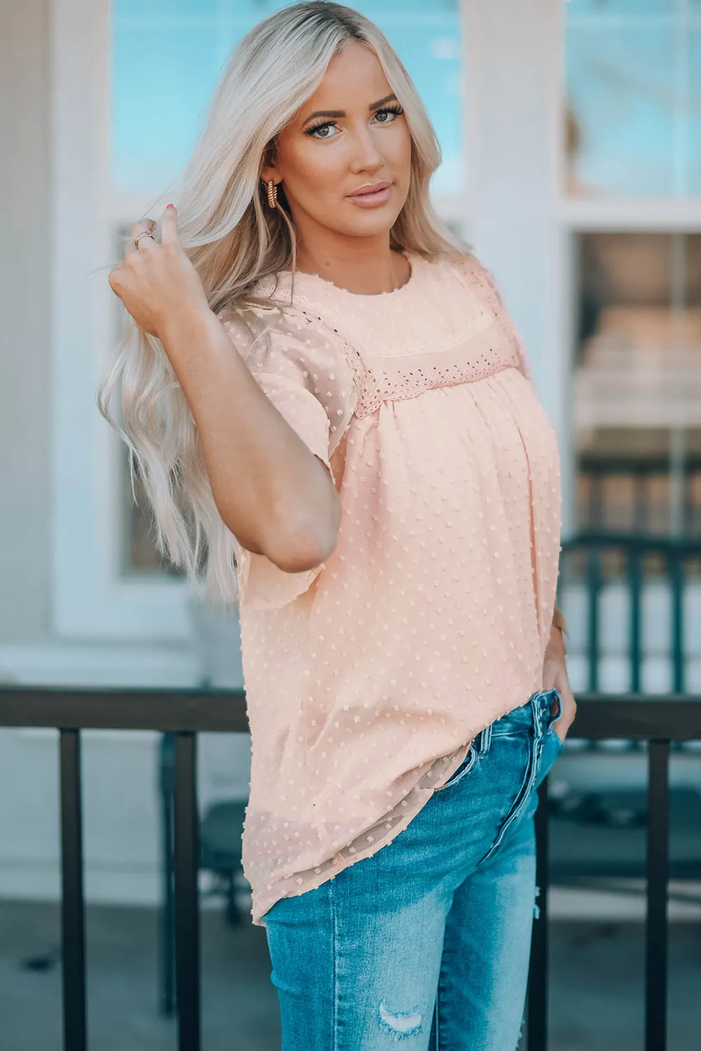 Apricot Flutter Sleeves Sheer Textured Babydoll Top
