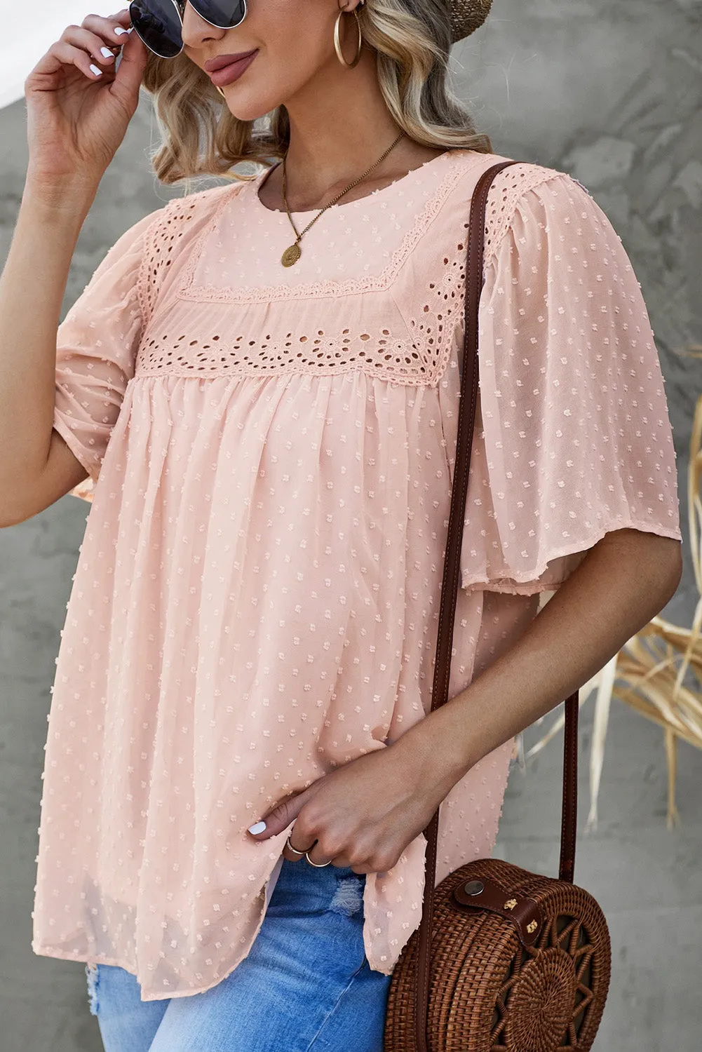 Apricot Flutter Sleeves Sheer Textured Babydoll Top