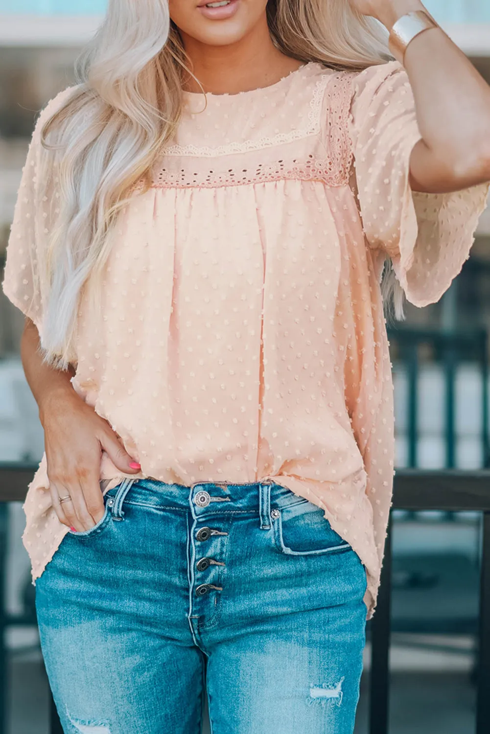 Apricot Flutter Sleeves Sheer Textured Babydoll Top