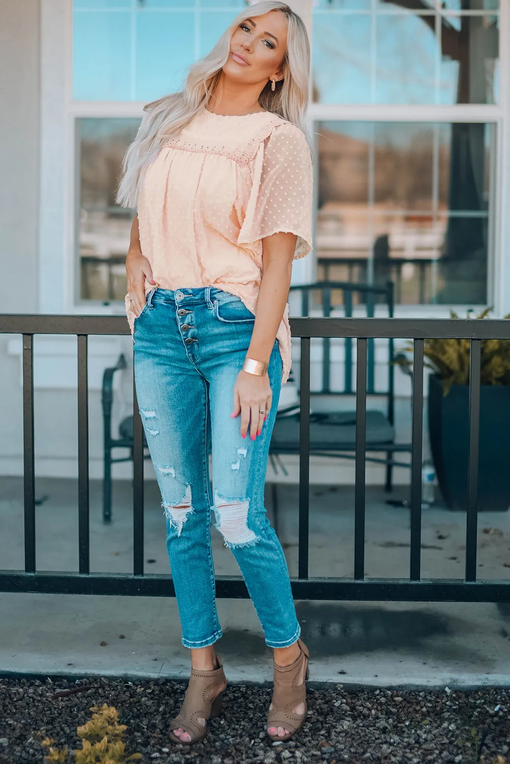 Apricot Flutter Sleeves Sheer Textured Babydoll Top