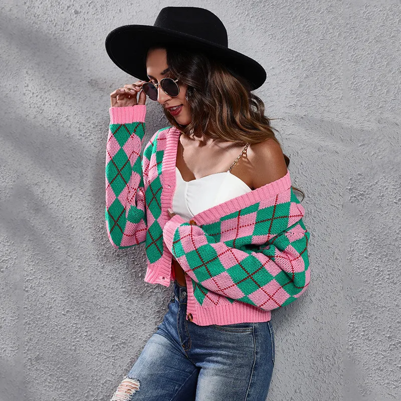 Argyle Vibes Button-Up Long Sleeve Knit Cardigan