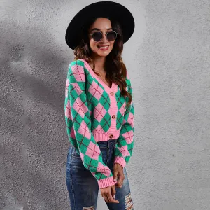 Argyle Vibes Button-Up Long Sleeve Knit Cardigan