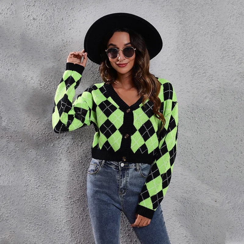 Argyle Vibes Button-Up Long Sleeve Knit Cardigan