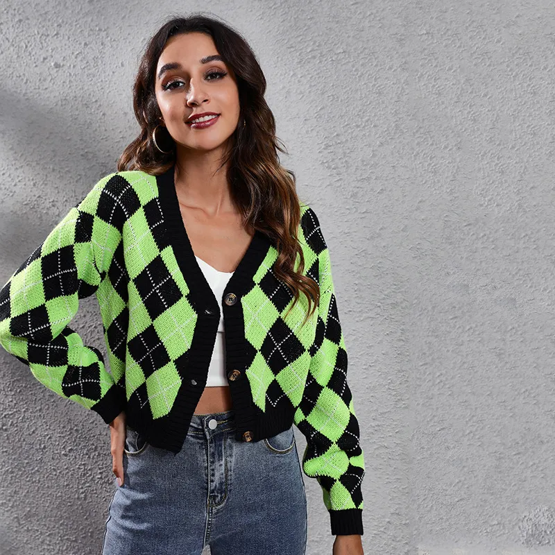 Argyle Vibes Button-Up Long Sleeve Knit Cardigan