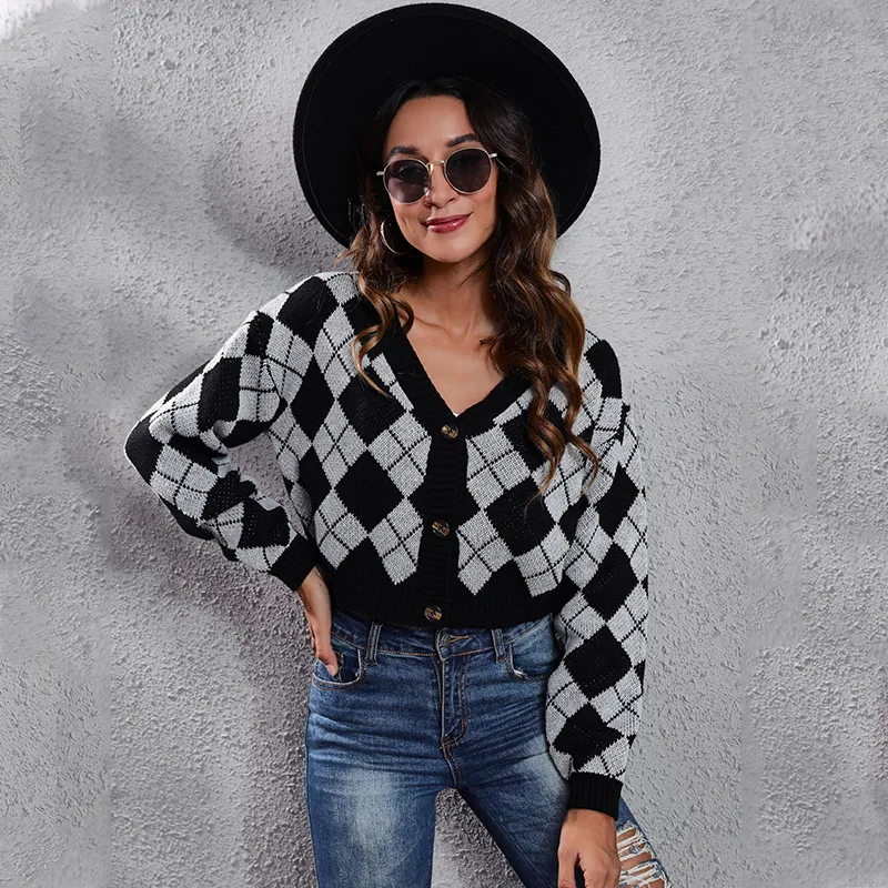 Argyle Vibes Button-Up Long Sleeve Knit Cardigan