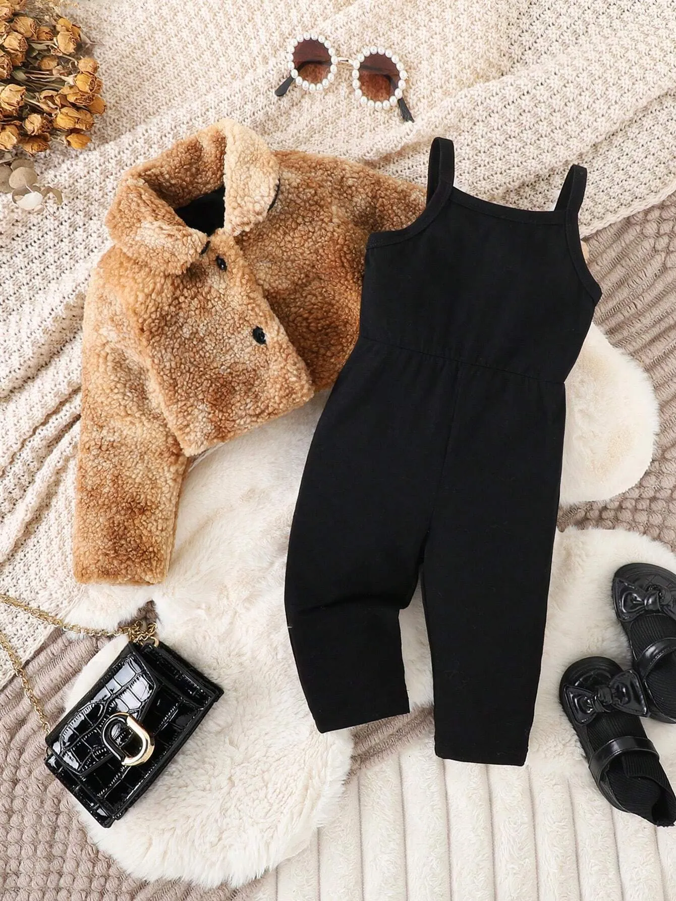 Baby Girls' Casual Jumpsuit And Furry Coat Set For Autumn/winter - FD