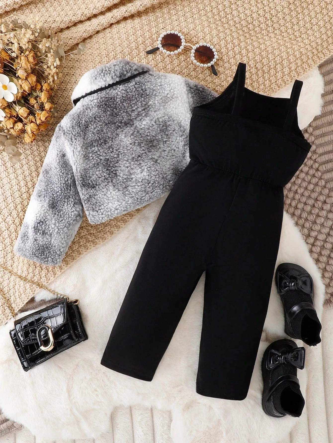 Baby Girls' Casual Jumpsuit And Furry Coat Set For Autumn/winter - FD